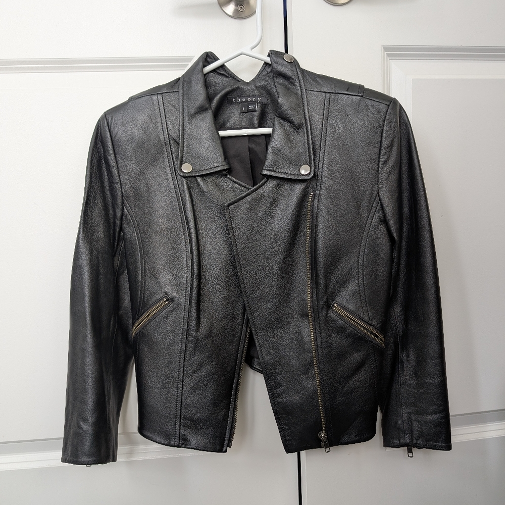 Theory Black Leather Motorcycle Jacket with Asymmetrical Zipper
